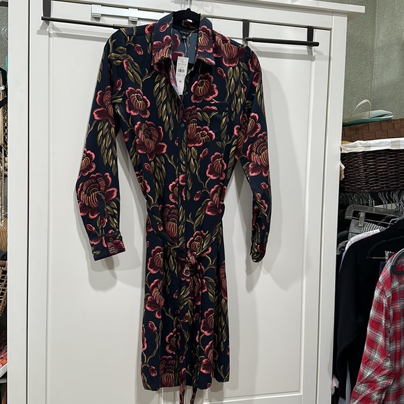 Ann Taylor Navy Blue Floral Print Tie Belt Shift Shirt Dress Long Sleeve M NWT - Picture 3 of 12